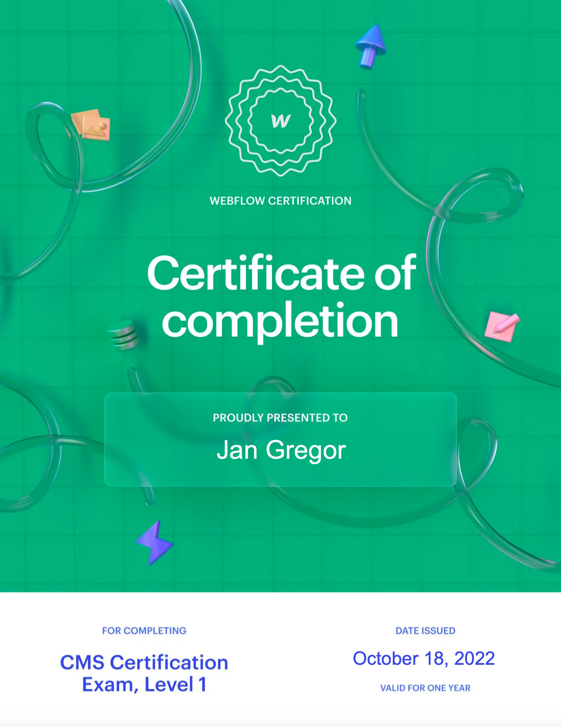 Webflow CMS Exam Level 1 Certification for Jan Gregor