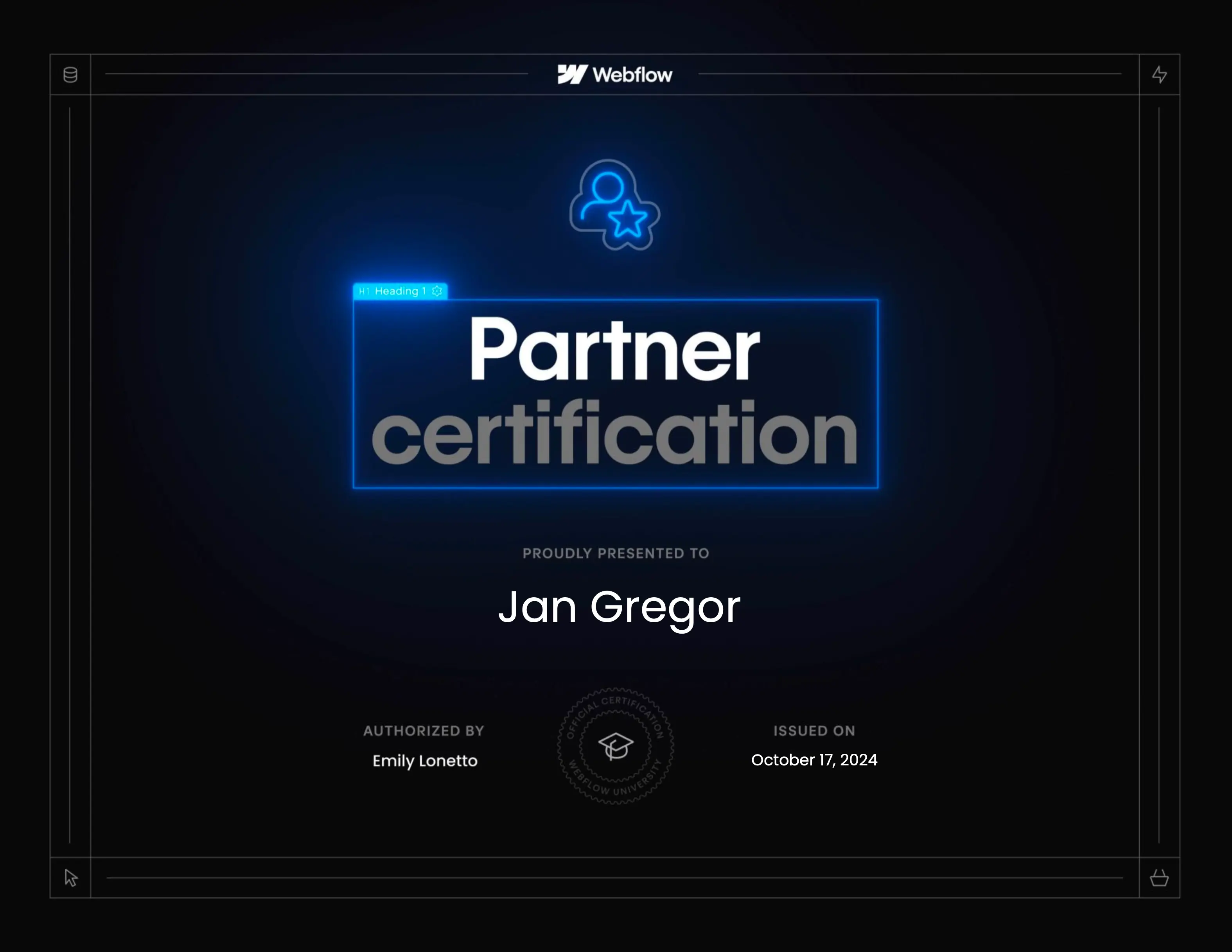 Webflow Partner Certification for Jan Gregor